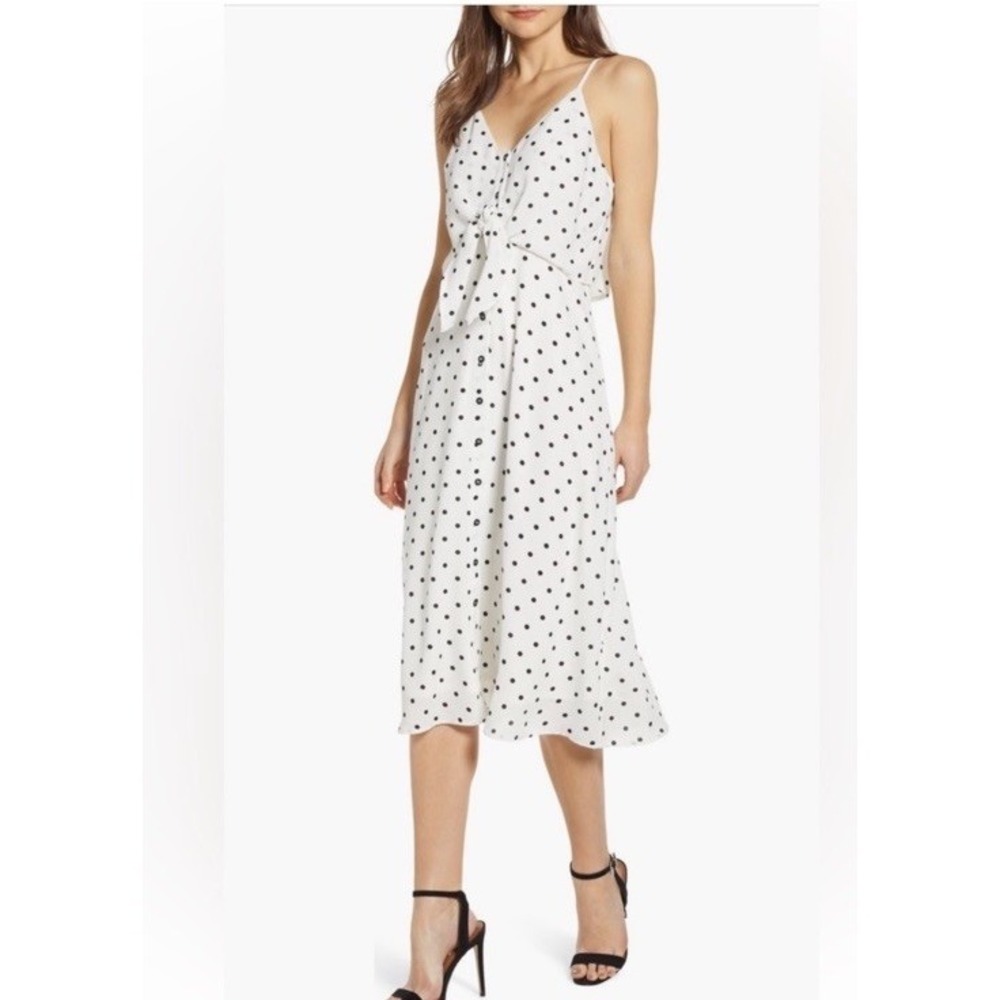 BP. Women's Black / White Polka Dot Tie Front Midi Dress Timeless Romantic L